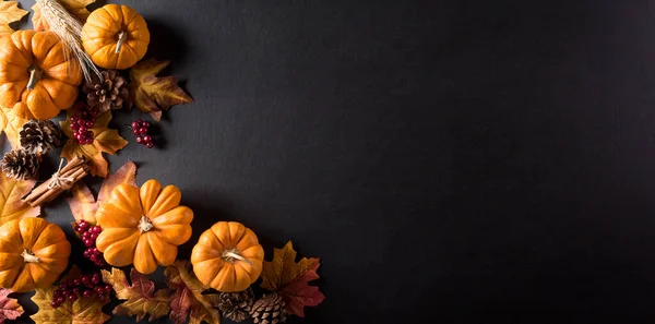 Thanksgiving background decoration from dry leaves,red berries and pumpkin on blackboard background. Flat lay, top view with copy space for Autumn, fall, Thanksgiving concept.