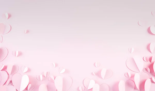 粉红纸心装饰在彩色纸背景上 爱与情人节的概念 — 图库照片
