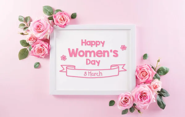 Happy Women Day Concept Pink Roses White Picture Frame Pastel — стоковое фото