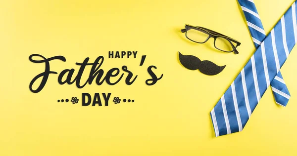 Boldog Apák Napját Háttér Koncepció Kék Nyakkendő Szemüveg Bajusz Szöveg — Stock Fotó