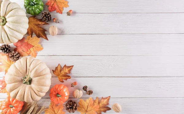 Herbstliche Komposition Kürbis Herbst Oder Ahornblätter Und Nüsse Auf Weißem — Stockfoto