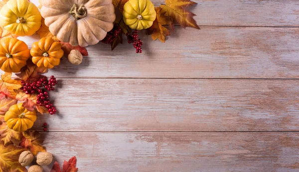 Herbstliche Komposition Kürbis Baumwollblumen Und Herbstblätter Auf Dunklem Holzgrund Flache — Stockfoto