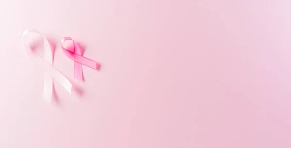 Cintas Rosadas Sobre Fondo Pastel Símbolo Conciencia Sobre Cáncer Mama —  Fotos de Stock