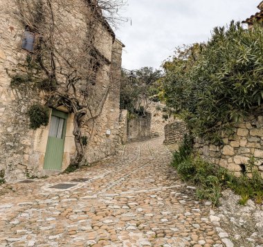 Fransa 'nın güneyinde La Roque-sur-Cze, Gard, Occitanie' de taştan evler olan hoş bir kaldırım taşı caddesi. Yeşil kapısı ve dokulu taş duvarları olan ortaçağ köy sokağı.