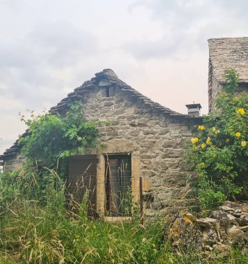 Sarı çiçekli taştan bir ev manzarası, yıpranmış taş duvarlar ve Fransa 'nın güneyindeki Lozere' de geleneksel kırsal mimari