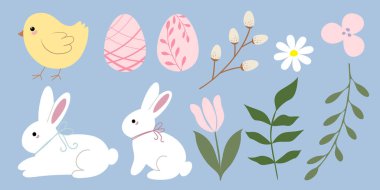 Şirin Paskalya Hayvanları ve Bahar Çiçek Elementleri Vektörü