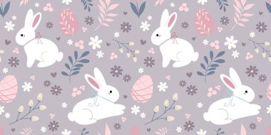 Bahar çiçekleri ve yumurtaları olan kusursuz Paskalya tavşanı deseni. Yumuşak renkler