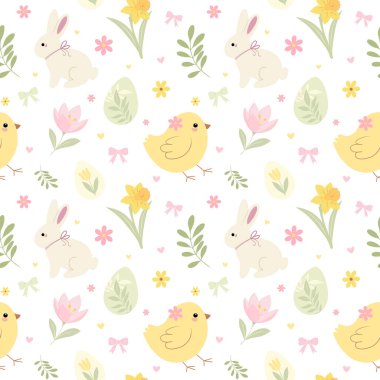 Sevimli Tavşanlar, Piliçler, Yumurtalar ve Bahar Çiçekleri ile Kusursuz Paskalya Şablonu