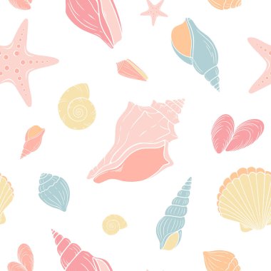 Pastel deniz kabuğu pürüzsüz desen. Deniz tarakları, spiral kabuklar ve deniz kabukları gibi farklı okyanus kabuklarını içerir.