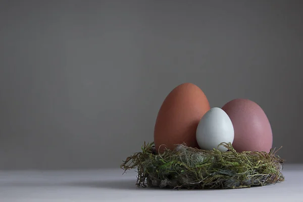against a gray background, there are three eggs of different sizes in the nest: orange, pink and white.