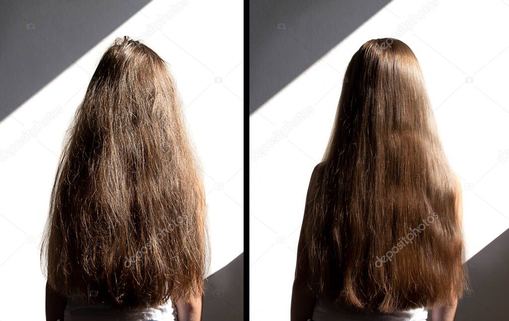 on a white background female head with long hair. before and after using a special shampoo. obedient hair concept