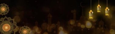 Ramazan Kareem, Kurban Bayramı ve İslami geçmişleri için Arap stili siyah altın arkaplan ve animasyon mandala süsleme çemberleri, avizeler ve cami siluetleri içeren İslami süs videosu. Döngü arkaplan şablonu.