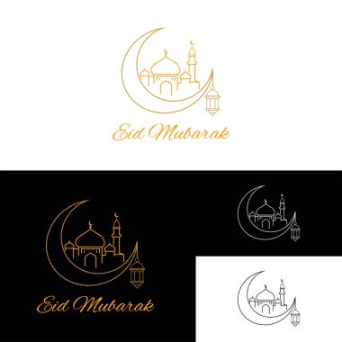 En az altın çizgili sanat hilal, cami çizgisi ve bayram mübarek markası feneri..