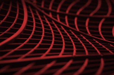 Abstract cyberspace background with red molded plastic curved geometric 3d lines portraying wired connection or secure business communication