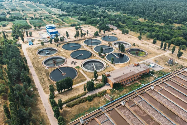 Wastewater plant, aerial view. Cleaning, purification and filtration of sewage water