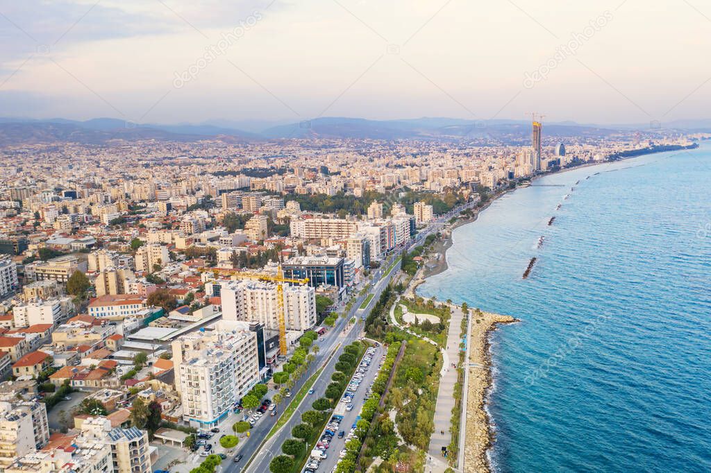 Molos Promenade park, aerial view. Limassol city coastline,Cyprus