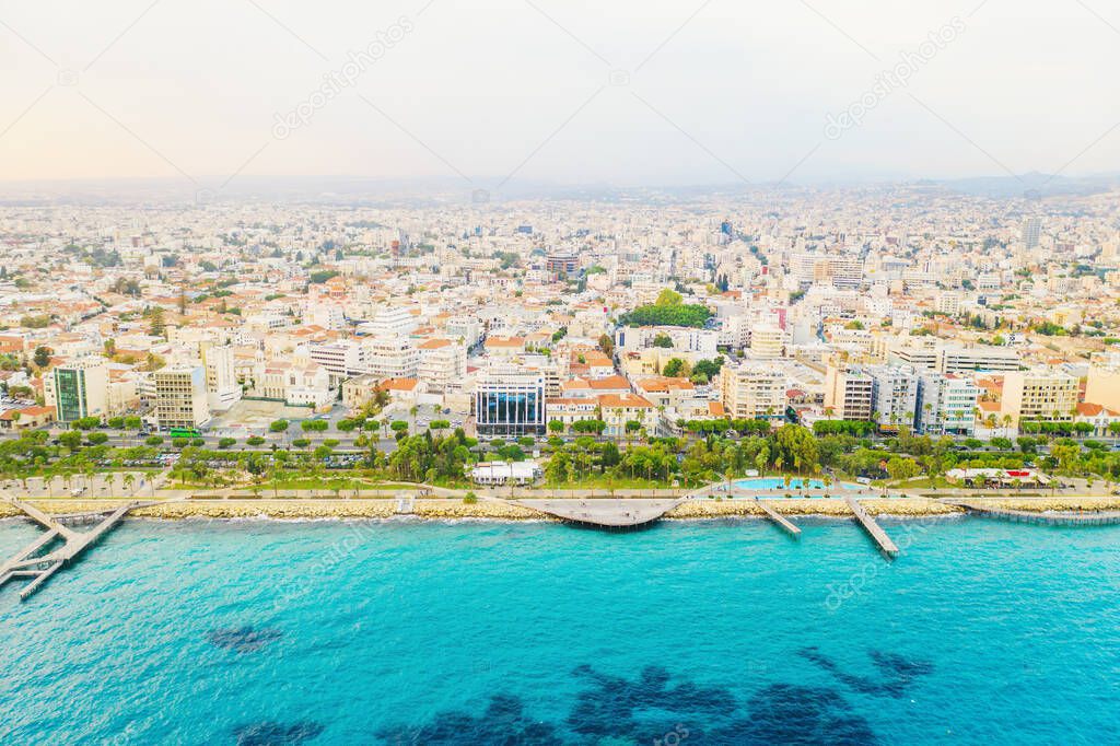 Limassol city coastline aerial panorama, blue mediterranean sea and famous Molos park, Cyprus