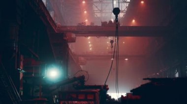 Büyük dökümhane çelik atölyesinde zincirli vinç, ağır metalurji endüstrisi.