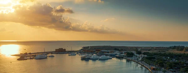 Aerial panorama of port with boats and yachts in harbour on Mediterranean coast, Cyprus — Stock Photo, Image