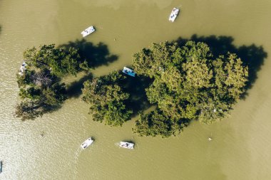 Rusya 'nın Anapa dağlarındaki göl suyunda duran yeşil ağaçlarla Cypress Gölü Sukko hava manzarası