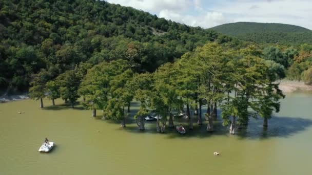 Кипарисовое озеро Сукко с видом на зеленые деревья, стоящие в озерной воде в горах Анапы, Россия — стоковое видео