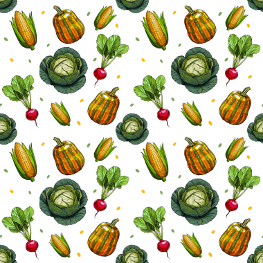 Sebzeli desen. Portakal kabağı, yeşil lahana, kırmızı turp ve sarı mısır. Kumaş, yemek kitabı ve yemek tarifleri için desen.