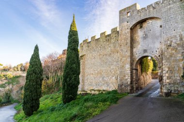 Tarquinia 'nın büyük ortaçağ tahkimatlarının dış görünüşü, eski kasabaya giden bir taş giriş kemeri içeriyor. Çekim, tarihi mimariyi, şehir surlarının siperlerini ve parlak sunli altındaki selvi ağaçlarını vurguluyor.