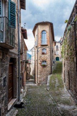 Eşsiz şekilli Palazzo Ronchi 'nin yer aldığı tarihi Civitella del Tronto köyünün manzarası. Görüntü, taştan kaldırımlar, ahşap panjurlu kadim cepheler, tırmanma yeşili ve bulutun altında dinlenen bir köpek sergiliyor.