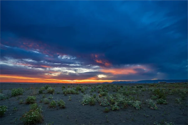 Alacakaranlıkta, batan güneşin ateşli tonlarını yansıtan ağır, kara bulutlarla dolu bir gökyüzünün olduğu, anımsatıcı bir doğal manzara. Karanlık ön plan, yabani çalılarla benekli, parlak ufka karşı güçlü bir görsel kontrastı oluşturur.