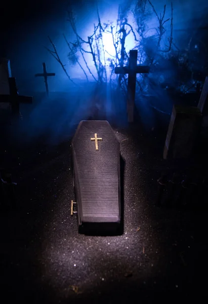 Creative Artwork Miniature Wooden Coffin Zombie Scary View Zombies Cemetery — Stock Photo, Image