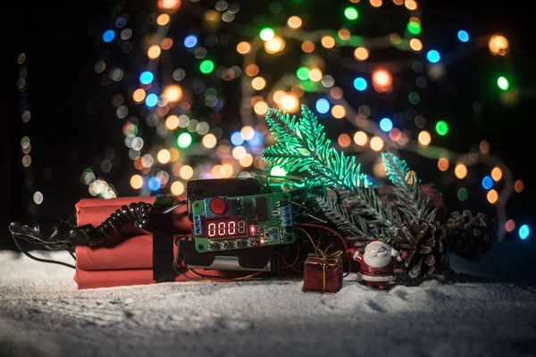 Natal Ano Novo Conceito Engraçado Bomba Relógio Dinamite Neve Com — Fotografia de Stock