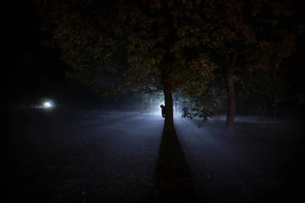 Silhouette Einer Person Die Dunklen Wald Mit Licht Steht Horror — Stockfoto