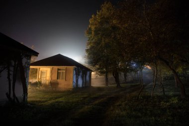 Geceleri ormanda bir hayaletin olduğu eski bir ev ya da terk edilmiş bir korku evi. Ölü ağaç ormanındaki eski mistik bina. Gerçeküstü ışıklar. Korku Cadılar Bayramı konsepti