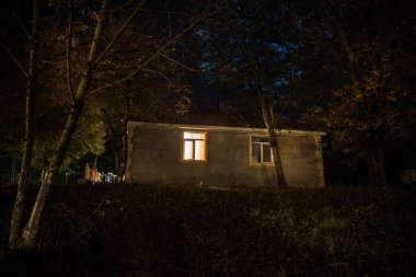 Geceleri ormanda bir hayaletin olduğu eski bir ev ya da terk edilmiş bir korku evi. Ölü ağaç ormanındaki eski mistik bina. Gerçeküstü ışıklar. Korku Cadılar Bayramı konsepti