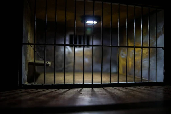 Bars Concept Obsolete Grunge Concrete Room Miniature Dark Prison Interior — Stock Photo, Image