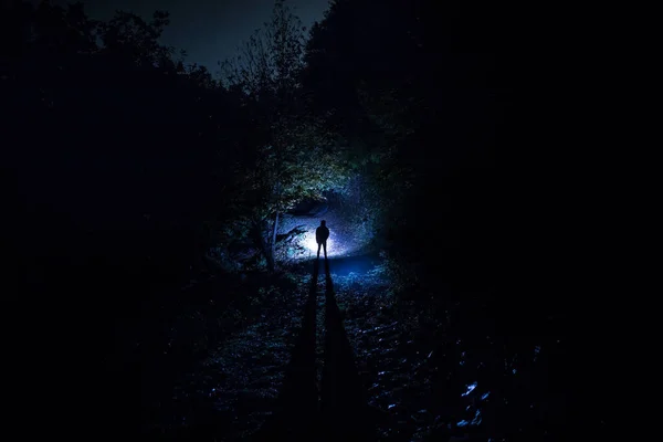 Silhouette Person Standing Dark Forest Light Horror Halloween Concept Strange — Stock Photo, Image