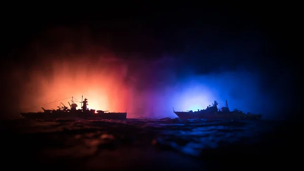 Σχέδιο Πολέμου Σκηνή Νυχτερινής Μάχης Στη Θάλασσα Δραματική Επίδραση Τονισμένων — Φωτογραφία Αρχείου