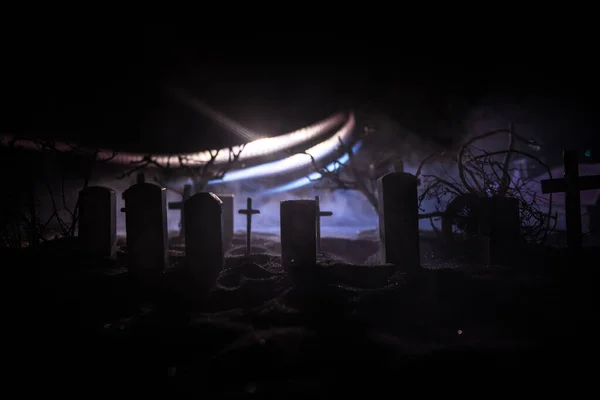 Horror Vista Del Cementerio Miniatura Por Noche Concepto Halloween Horror —  Fotos de Stock