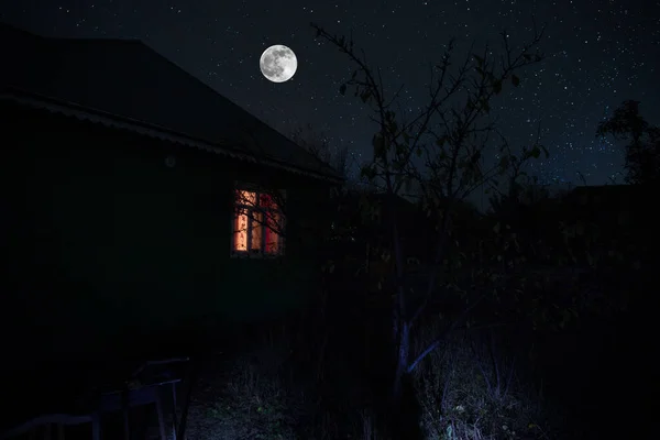 Old house with a Ghost in the forest at night or Abandoned Haunted Horror House. Old mystic building in dead tree forest. Surreal lights. Horror Halloween concept