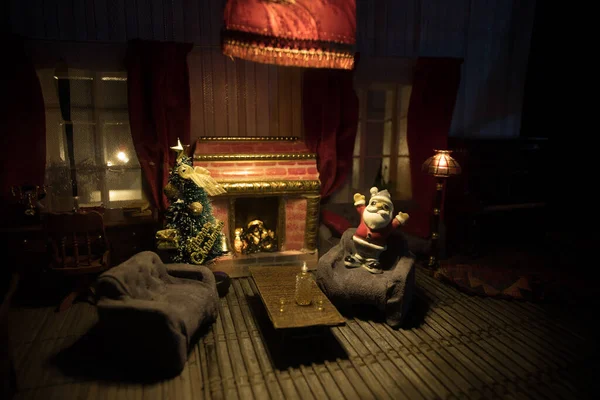 Різдвяні Новорічні Свята Реалістична Вітальня Меблями Вікном Вночі Художнє Оформлення — стокове фото