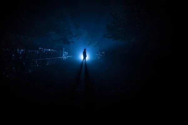 Karanlık Ormanda Işıkla Duran Bir Insan Silueti Korku Cadılar Bayramı — Stok fotoğraf