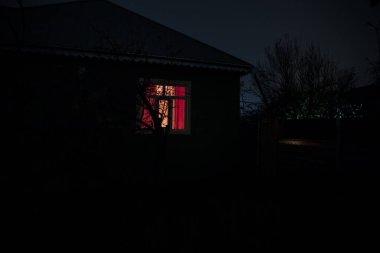 Geceleri ormanda bir hayaletin olduğu eski bir ev ya da terk edilmiş bir korku evi. Ölü ağaç ormanındaki eski mistik bina. Gerçeküstü ışıklar. Korku Cadılar Bayramı konsepti