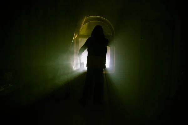 Силуэт Неизвестной Тени Двери Через Закрытую Стеклянную Дверь Силуэт Человека — стоковое фото