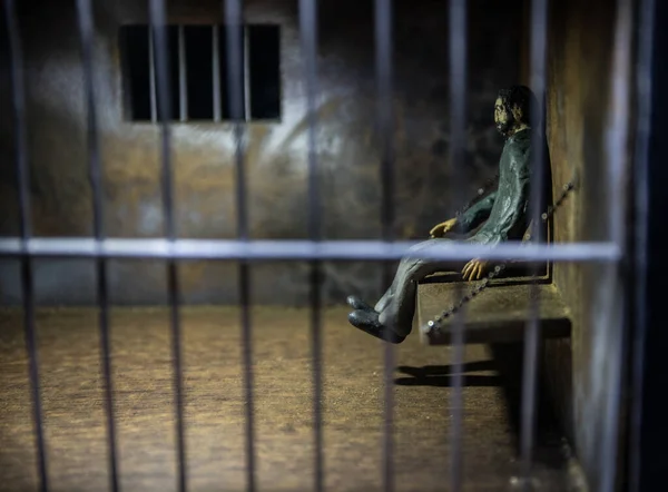 Man Prison Man Bars Concept Old Dirty Grunge Prison Miniature — Stock Photo, Image