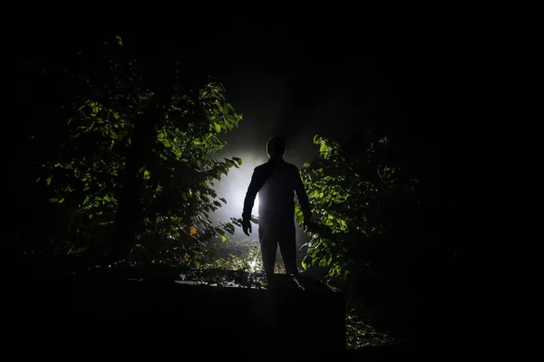 人のシルエットは 暗い森の中で光と立っている ホラーハロウィンのコンセプト 夜の暗い不気味な森の中の奇妙なシルエット — ストック写真