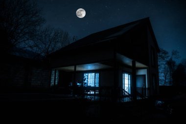 Sisli bir gecede ormanda bir hayaletin olduğu eski bir ev ya da House 'un ayın altında olduğu bir gece sahnesi. Ölü ağaç ormanındaki eski mistik bina..