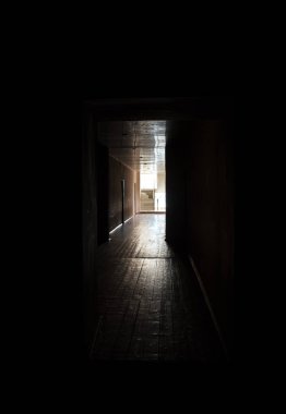 Karanlık koridor. Karanlık, boş bir koridorun mistik iç mekanı, terk edilmiş bir evde tünel. Karanlık, gizemli bir koridor. Terk edilmiş bir evin içi, cehenneme giden yol. Terk edilmiş eski bir bina.