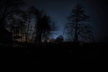 Sisli bir gecede ormanda bir hayaletin olduğu eski bir ev ya da House 'un ayın altında olduğu bir gece sahnesi. Ölü ağaç ormanındaki eski mistik bina..