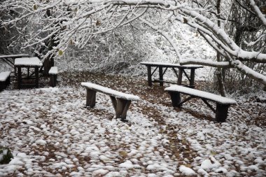 Kış ormanında karla kaplı eski ahşap bir masa. Karlı bir arka plan. kış doğası konsepti.