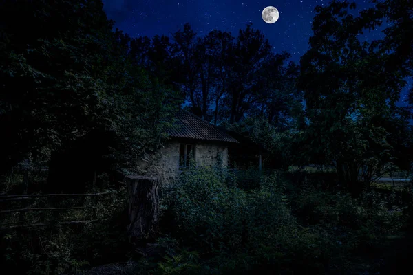 Oud Huis Met Een Geest Het Bos Bij Mistige Nacht — Stockfoto